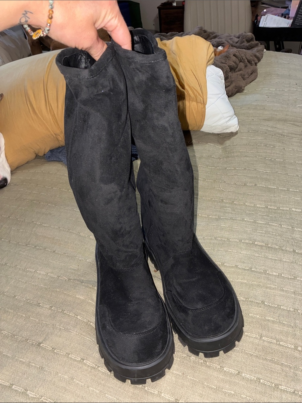 Black Suede Knee Boots for Women - Chunky Lug Sole